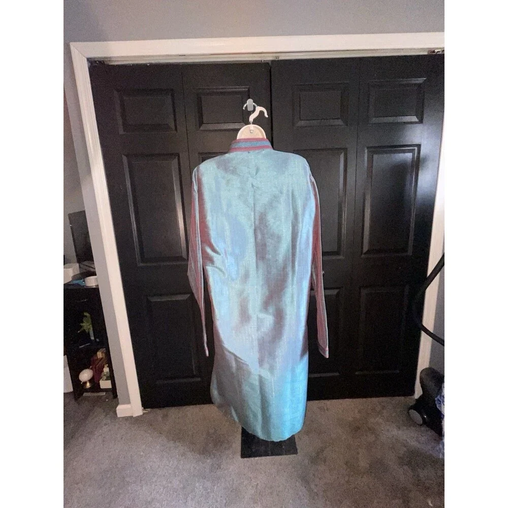Teal Pleated Kaftan Prayer Gown Sz 42 Embroidered Mandarin Collar Eid Maxi Dress